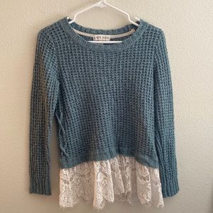 Teal Knox Rose Sweater with Lace Trim